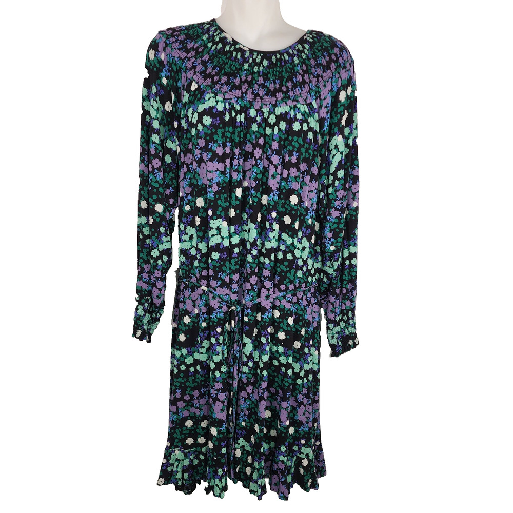 Loft Women Floral Smocked Flounce Mini Dress XL Ruffle Hem Tie Waist Lightweight